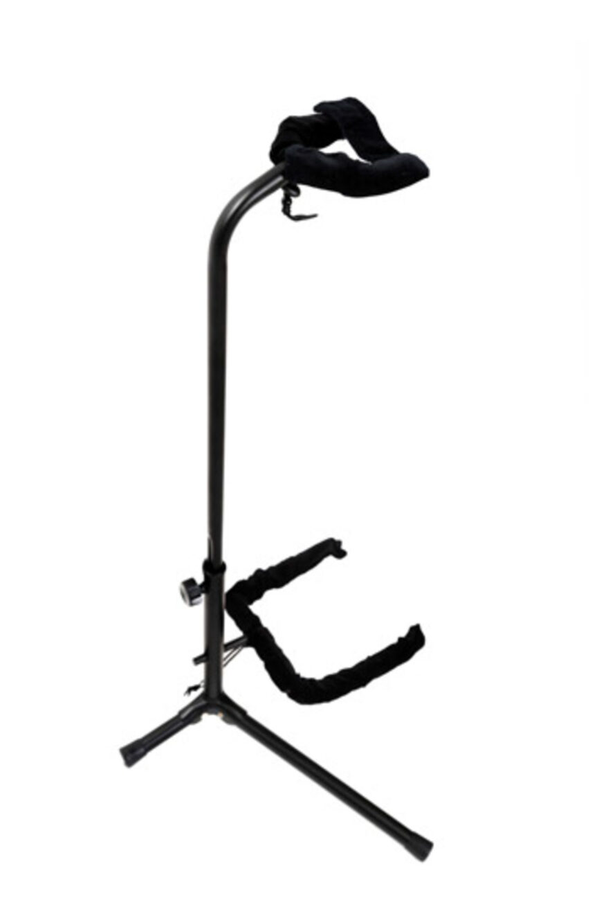 Model B fitted to a standard guitar stand, with the Hugger Strap across the top.