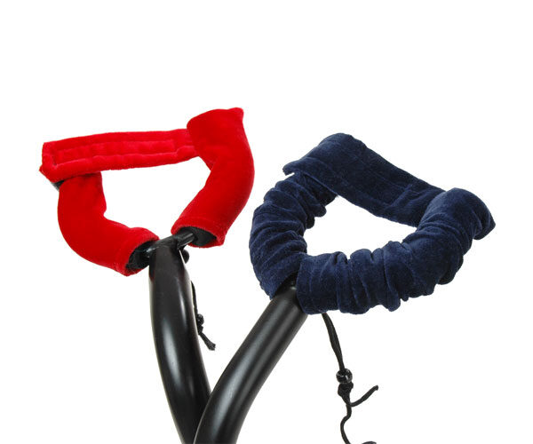 A red and a navy Axe Hugger fitted to the arms of a guitar stand.