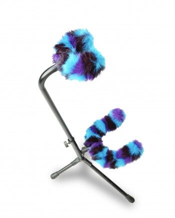 Blue and purple shaggy Axe Hugger on a stand.