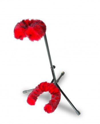 Red shaggy Axe Hugger on a stand.
