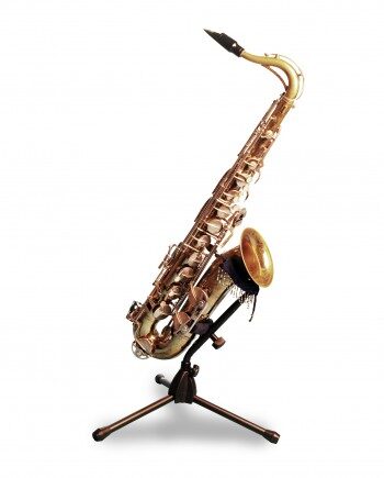 Fringed Sax Hugger on a saxophone stand.